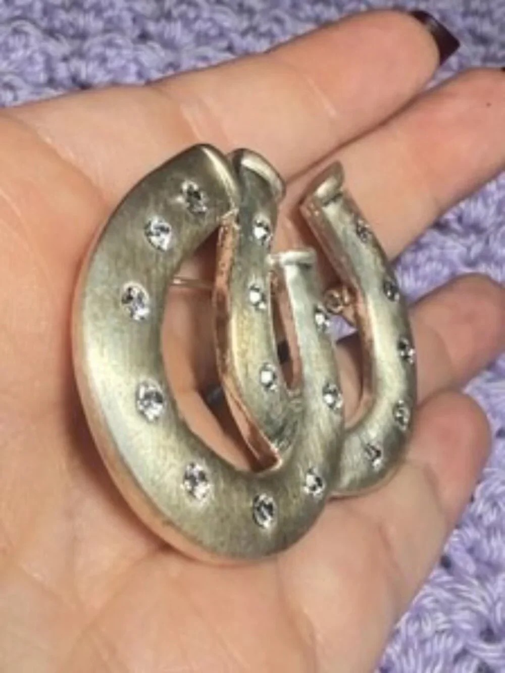 Double Horseshoe Vintage Brooch Clear Rhinestones Good Luck Pin